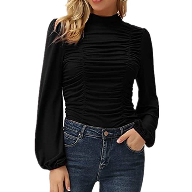 Haute Edition Women's Puff Sleeve Ruched Fitted Turtleneck Top Daily Haute