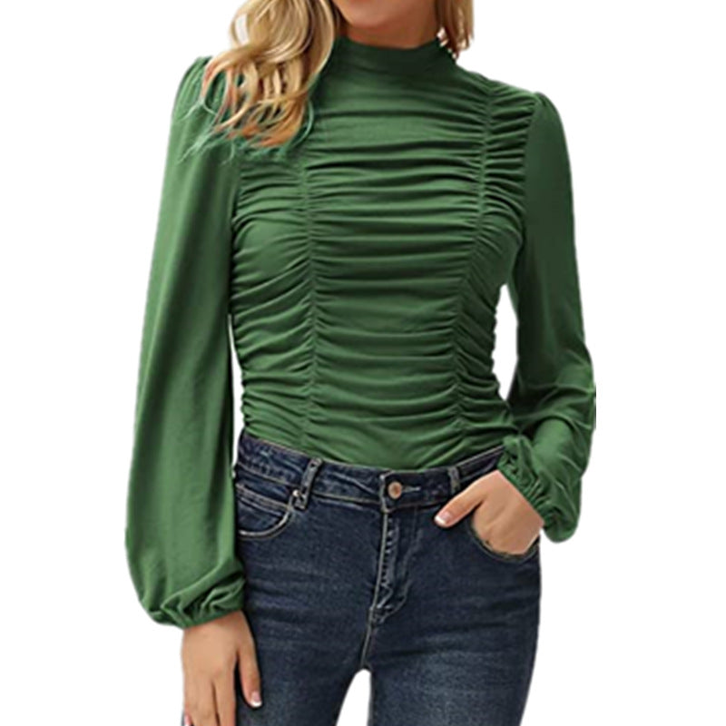 Haute Edition Women's Puff Sleeve Ruched Fitted Turtleneck Top Daily Haute