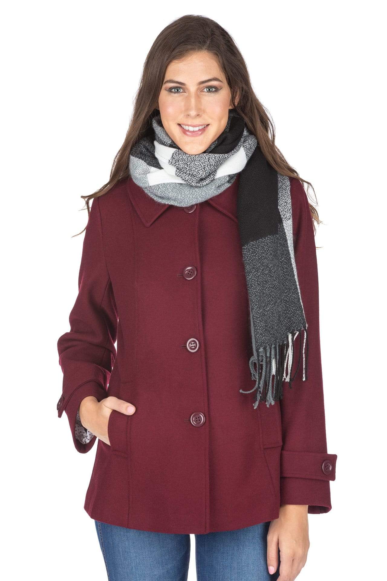 Haute Edition Women's Short Length Wool Blend Car Coat with Free Scarf Daily Haute