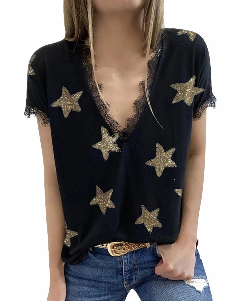 Haute Edition Women's Star Printed V-Neck Lace Trim Tee Daily Haute