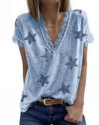 Haute Edition Women's Star Printed V-Neck Lace Trim Tee Daily Haute