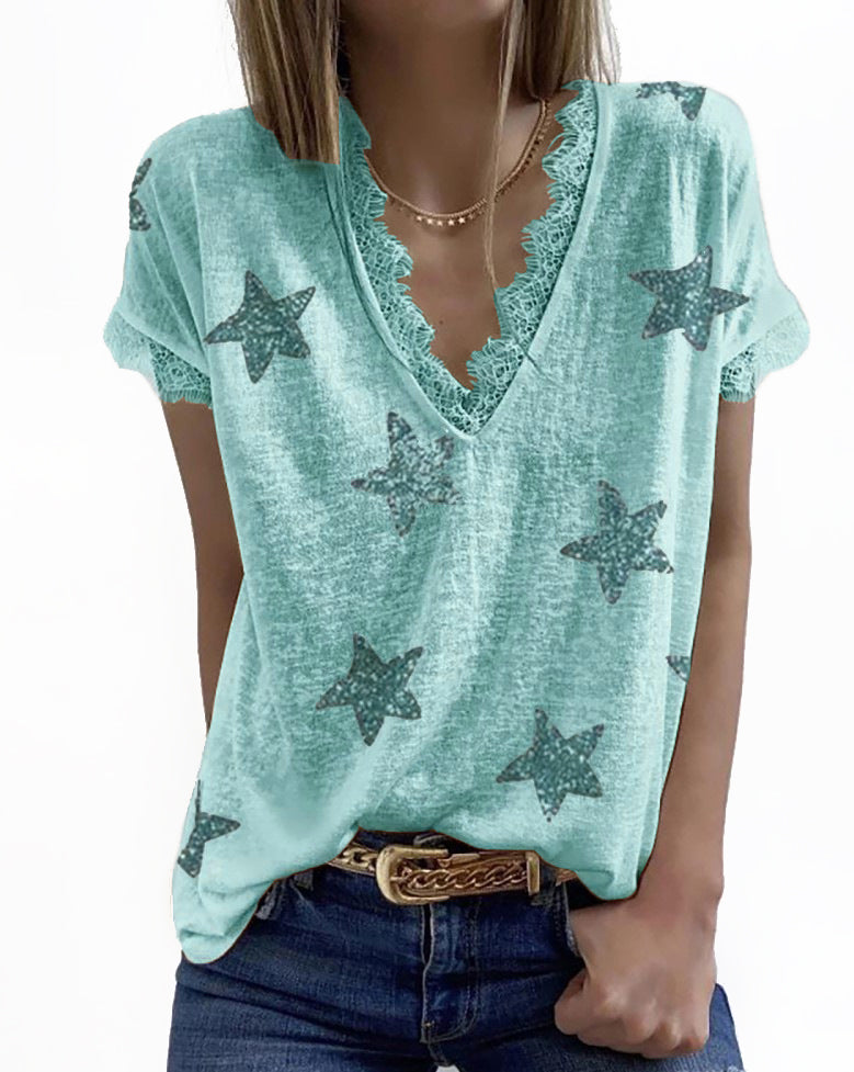 Haute Edition Women's Star Printed V-Neck Lace Trim Tee Daily Haute