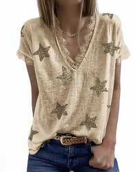 Haute Edition Women's Star Printed V-Neck Lace Trim Tee Daily Haute