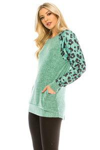 Haute Edition Women's Ultra Soft Long Sleeve Spring Pullover Leopard Raglan Sweatshirt Daily Haute