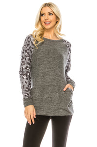 Haute Edition Women's Ultra Soft Long Sleeve Spring Pullover Leopard Raglan Sweatshirt Daily Haute