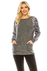 Haute Edition Women's Ultra Soft Long Sleeve Spring Pullover Leopard Raglan Sweatshirt Daily Haute