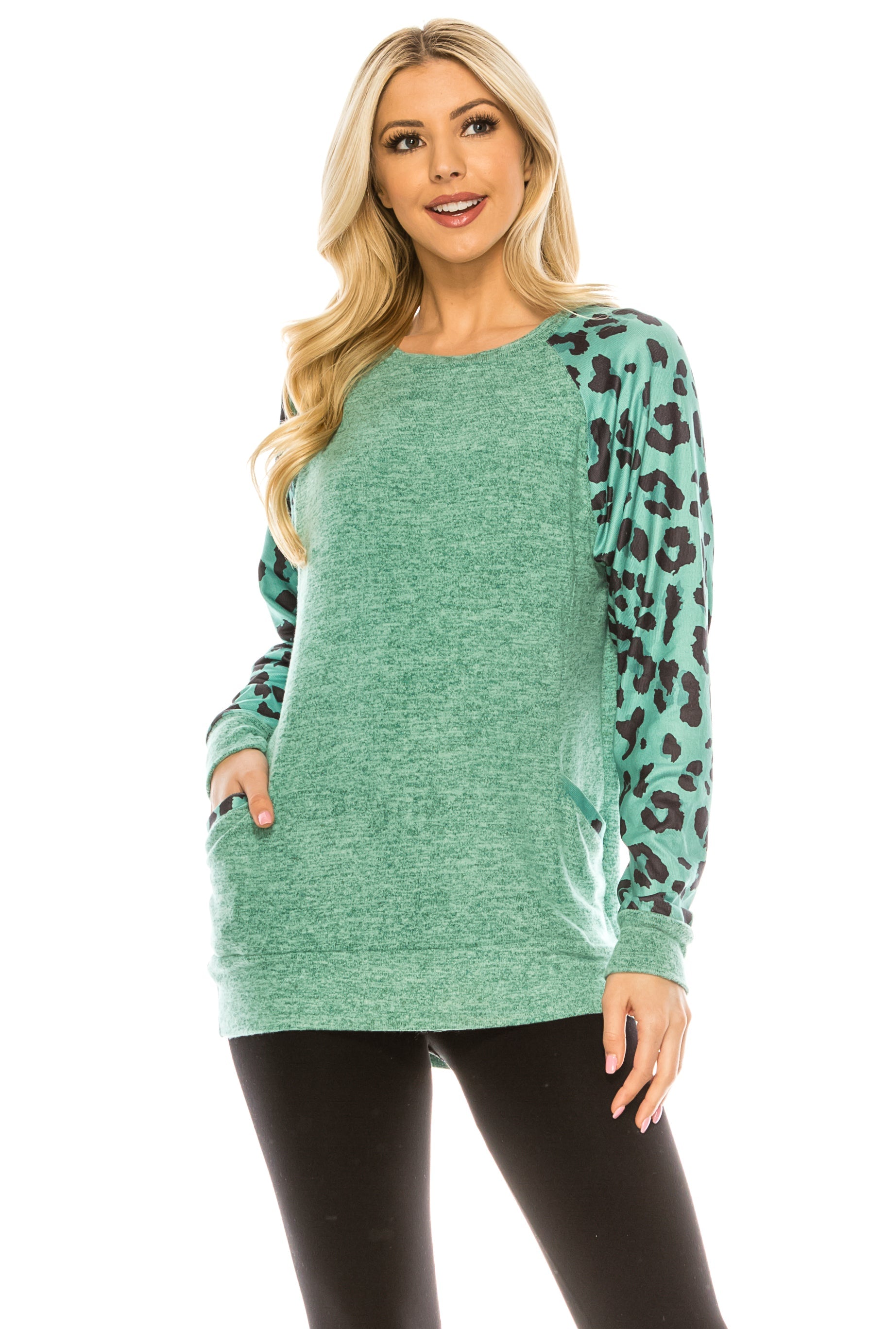 Haute Edition Women's Ultra Soft Long Sleeve Spring Pullover Leopard Raglan Sweatshirt Daily Haute