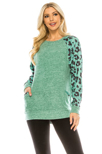 Haute Edition Women's Ultra Soft Long Sleeve Spring Pullover Leopard Raglan Sweatshirt Daily Haute