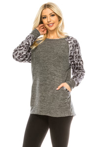 Haute Edition Women's Ultra Soft Long Sleeve Spring Pullover Leopard Raglan Sweatshirt Daily Haute