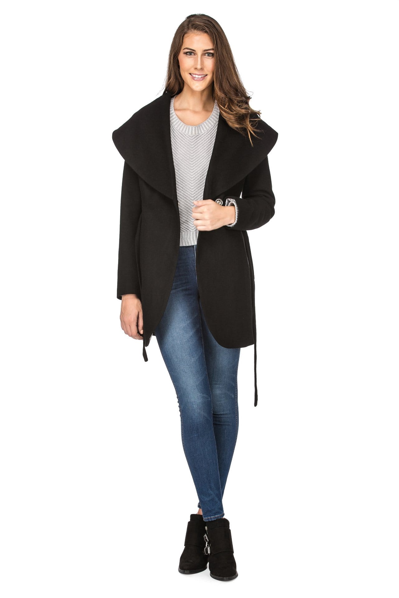 Wool Blend Coat Women Wool Wrap Coat with Tie Belt Elegant Notch Lapel  Winter Coat Mid-Length Overcoat