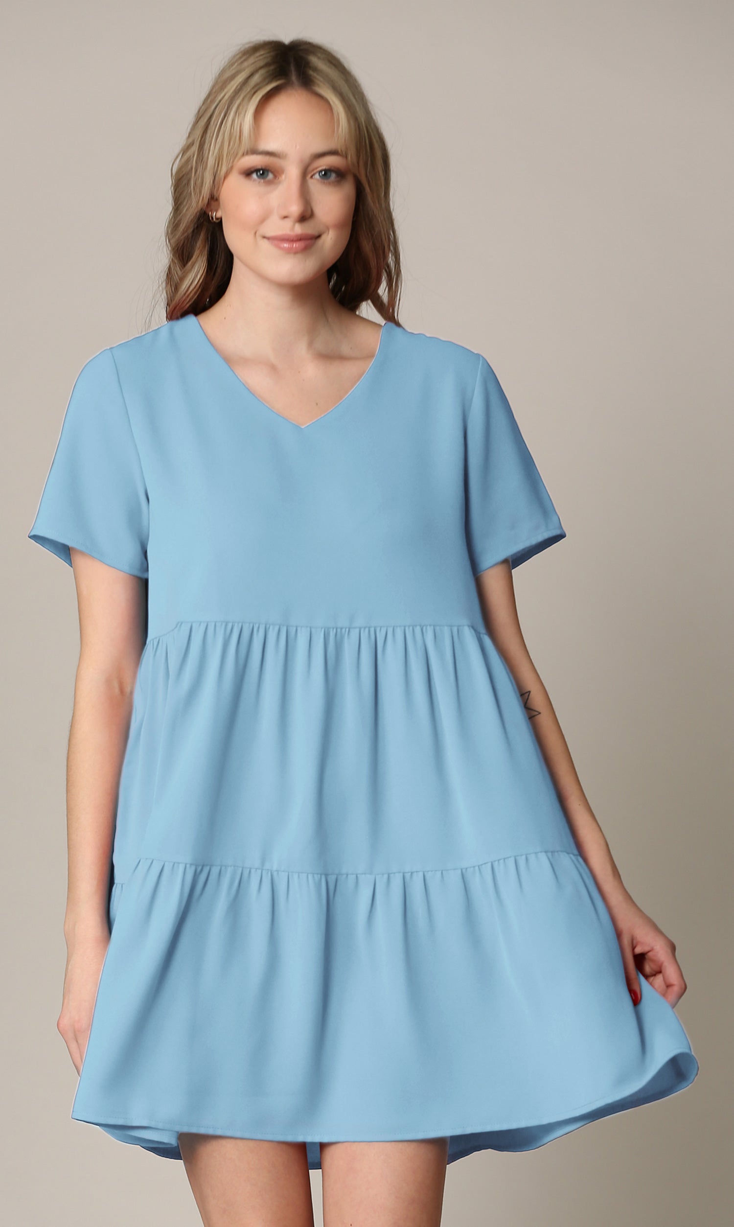 Made By Johnny Casual Flowy Swing Shift Short Sleeve Tiered Dress