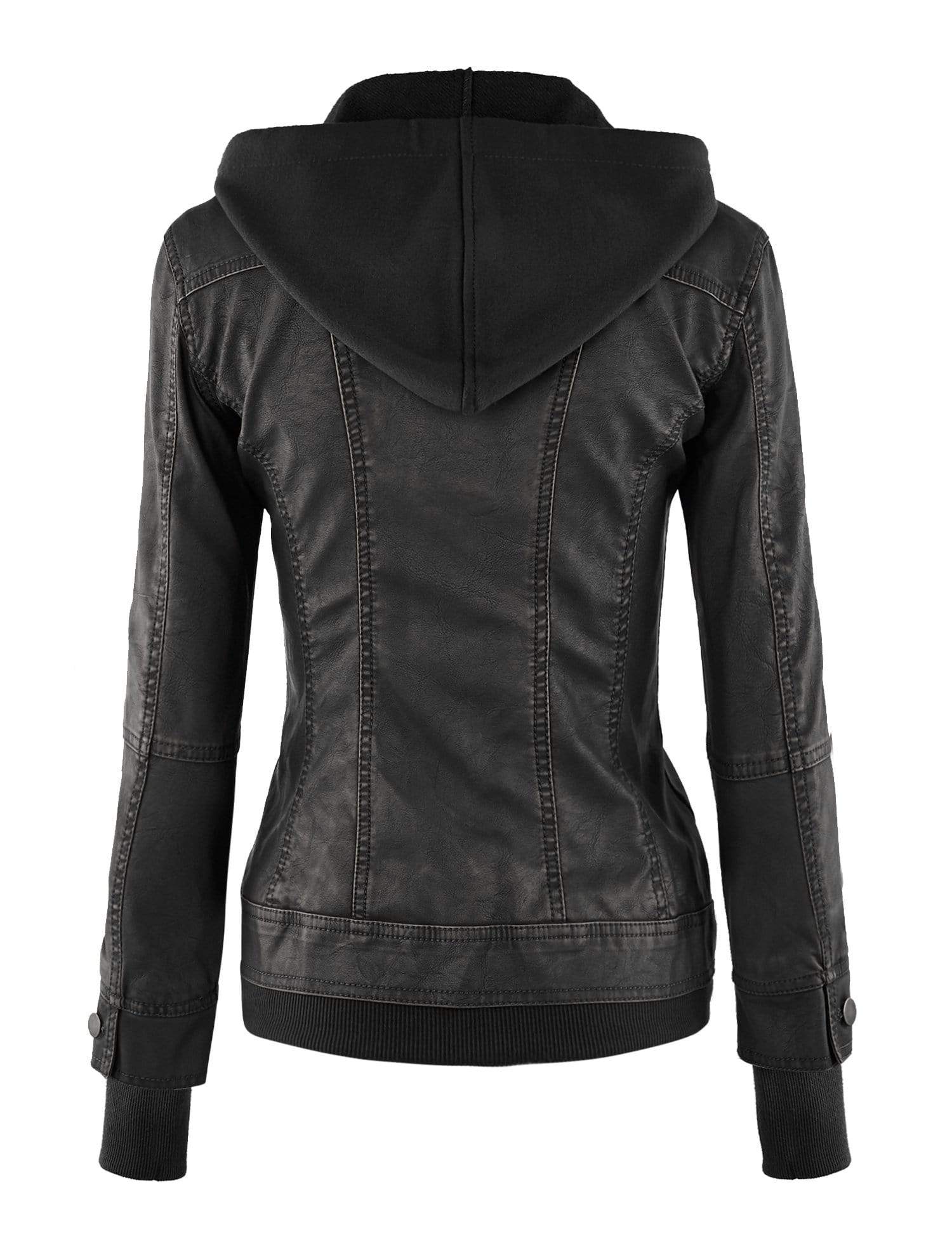 Made By Johnny MBJ Womens Faux Leather Motorcycle Jacket with Hoodie Daily Haute