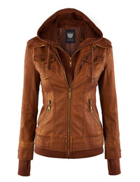 Made By Johnny MBJ Womens Faux Leather Motorcycle Jacket with Hoodie Daily Haute