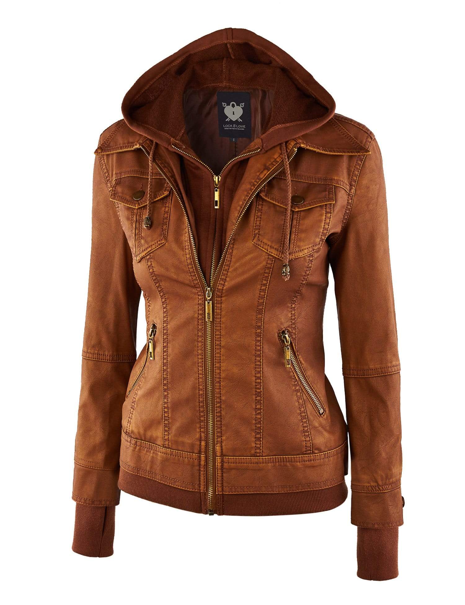 Made By Johnny MBJ Womens Faux Leather Motorcycle Jacket with Hoodie Daily Haute