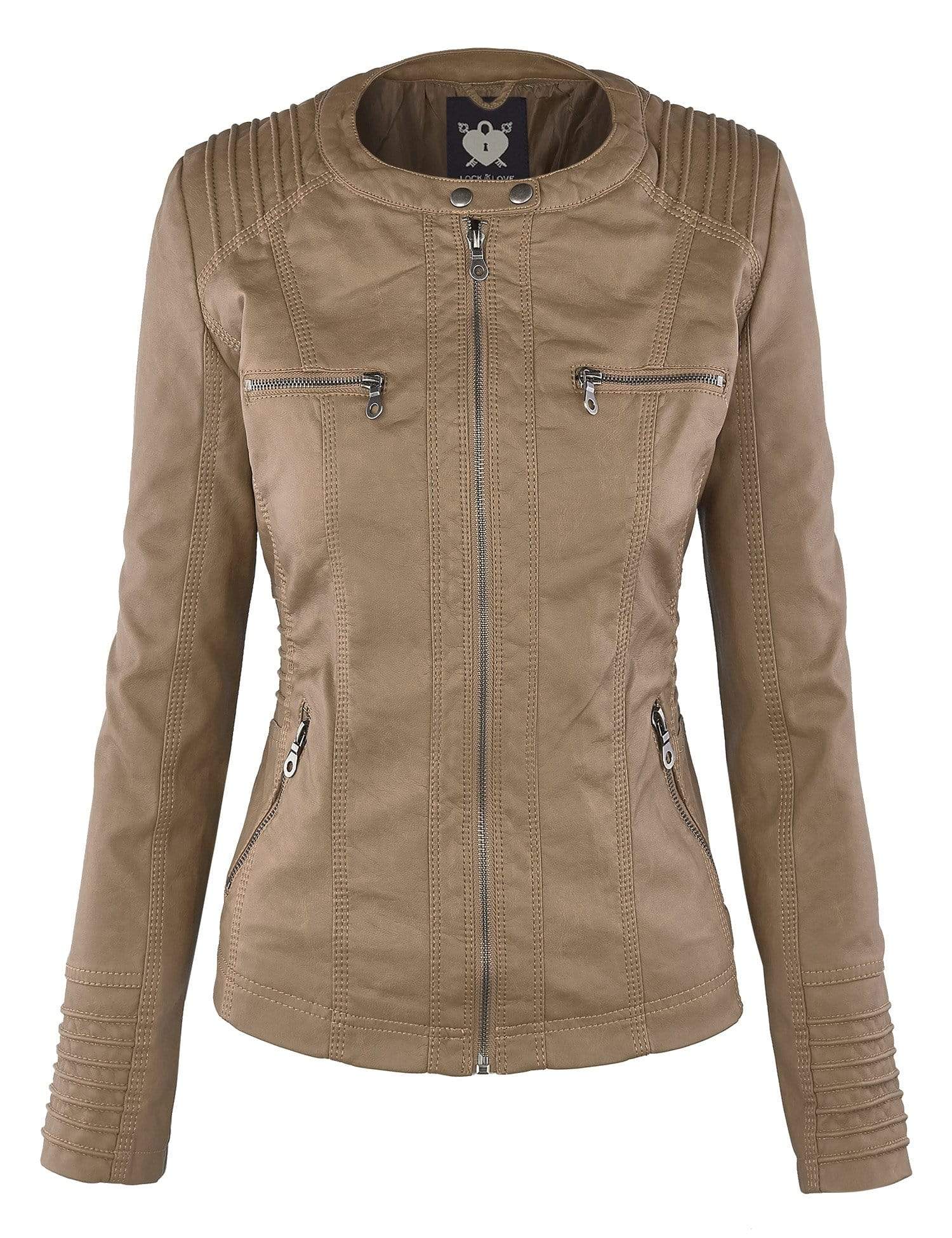 Made by Johnny Women's Faux Leather Jacket with Hoodie XS KHAKI