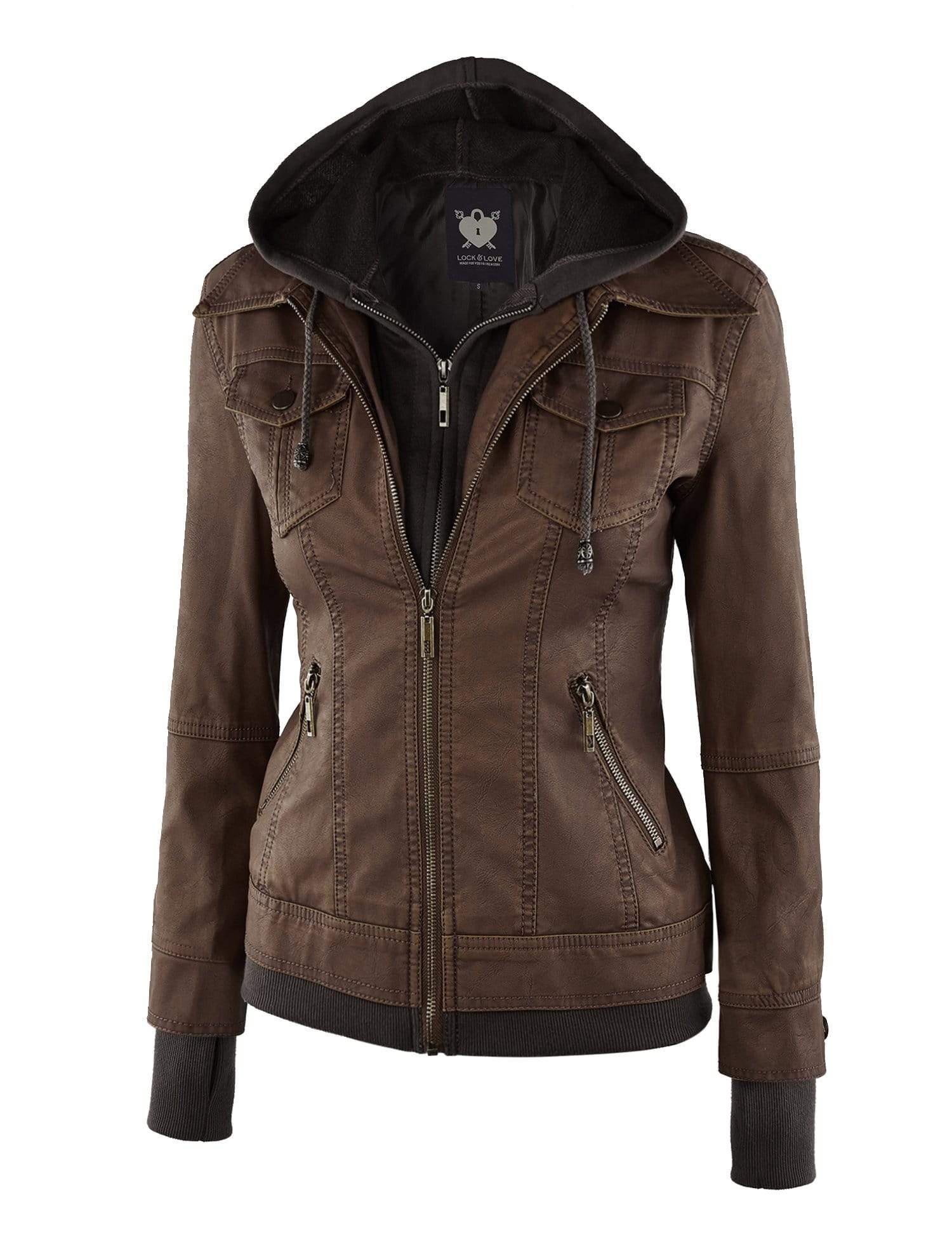 Made By Johnny MBJ Womens Faux Leather Motorcycle Jacket with Hoodie Daily Haute