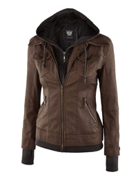 Made By Johnny MBJ Womens Faux Leather Motorcycle Jacket with Hoodie Daily Haute