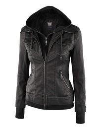 Made By Johnny MBJ Womens Faux Leather Motorcycle Jacket with Hoodie Daily Haute