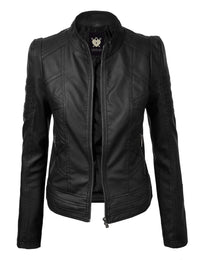 Made By Johnny MBJ Womens Faux Leather Zip Up Moto Biker Jacket with Stitching Detail Daily Haute