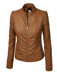 Made By Johnny MBJ Womens Faux Leather Zip Up Moto Biker Jacket with Stitching Detail Daily Haute