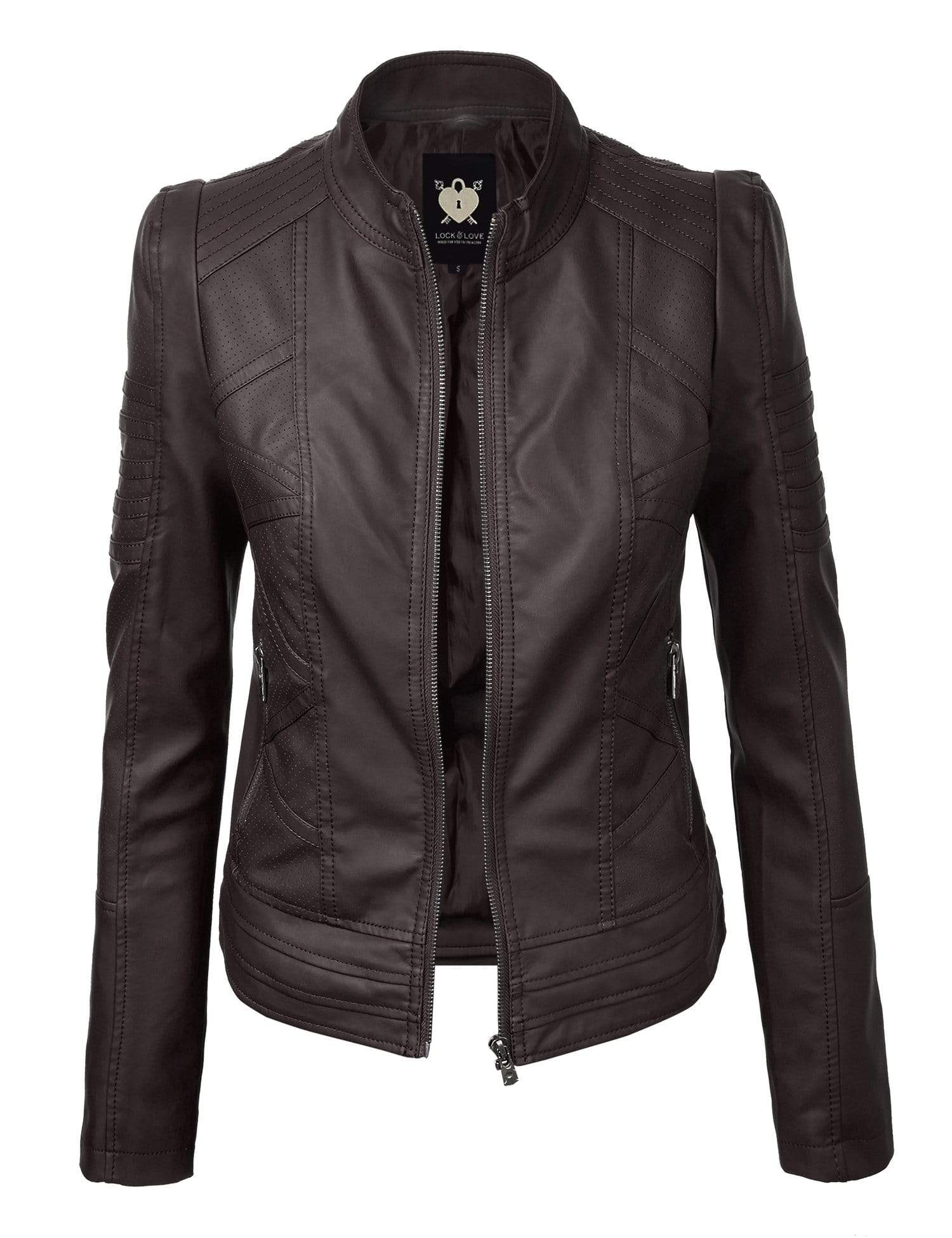 Made By Johnny MBJ Womens Faux Leather Zip Up Moto Biker Jacket with Stitching Detail Daily Haute