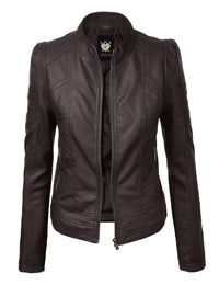 Made By Johnny MBJ Womens Faux Leather Zip Up Moto Biker Jacket with Stitching Detail Daily Haute