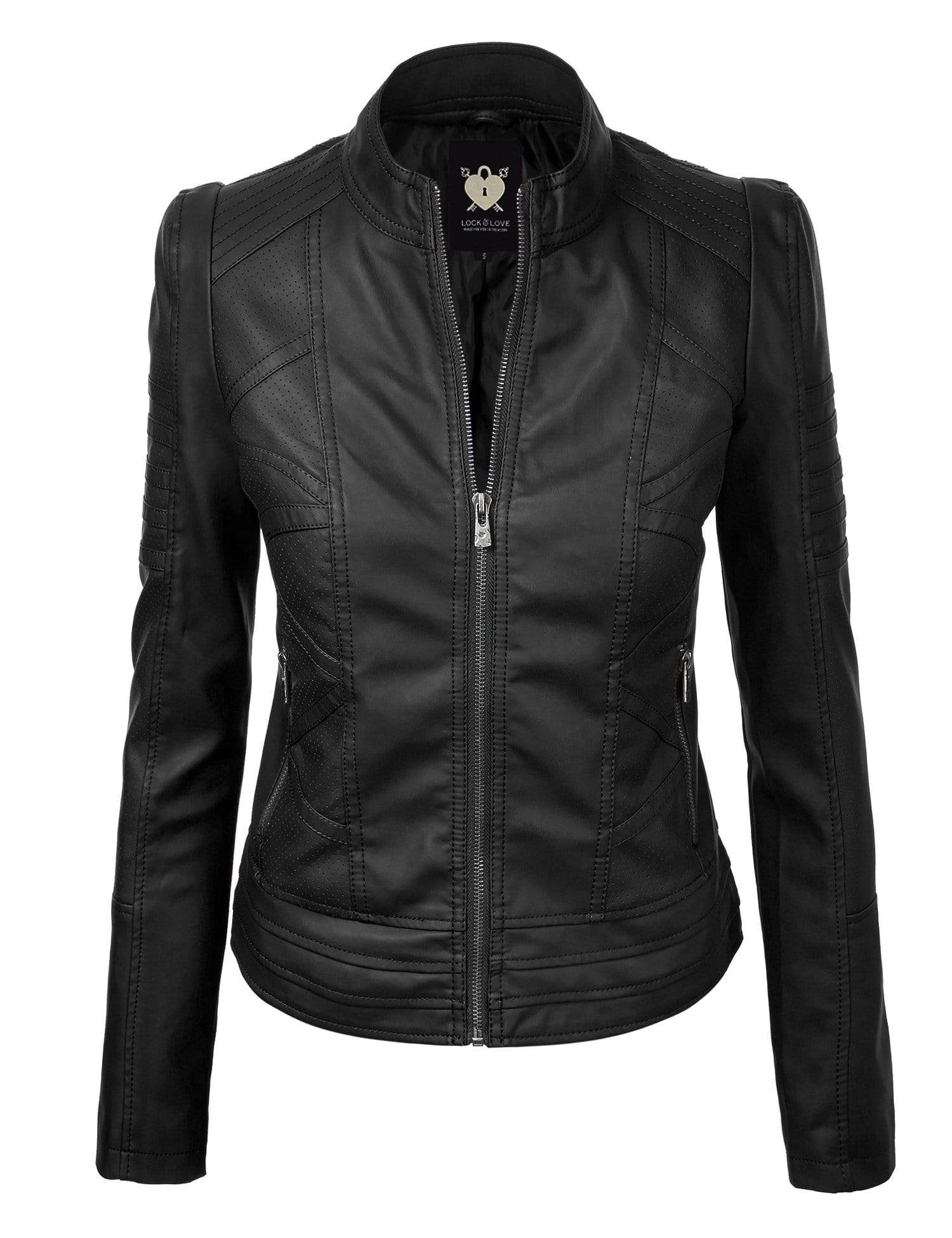 Made By Johnny MBJ Womens Faux Leather Zip Up Moto Biker Jacket with Stitching Detail Daily Haute