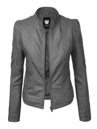 Made By Johnny MBJ Womens Faux Leather Zip Up Moto Biker Jacket with Stitching Detail Daily Haute