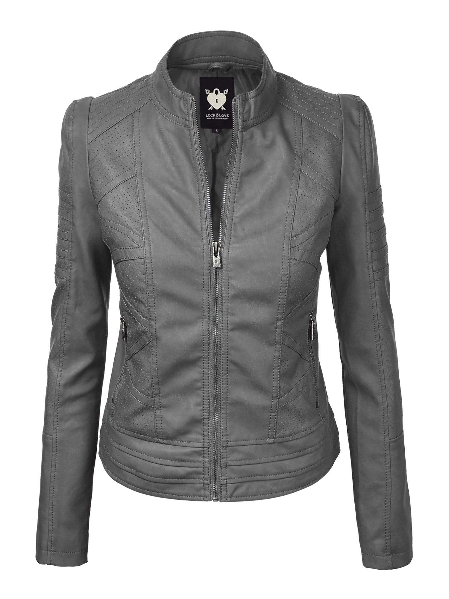 Made By Johnny MBJ Womens Faux Leather Zip Up Moto Biker Jacket with Stitching Detail Daily Haute