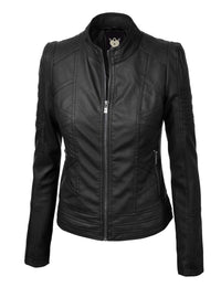 Made By Johnny MBJ Womens Faux Leather Zip Up Moto Biker Jacket with Stitching Detail Daily Haute