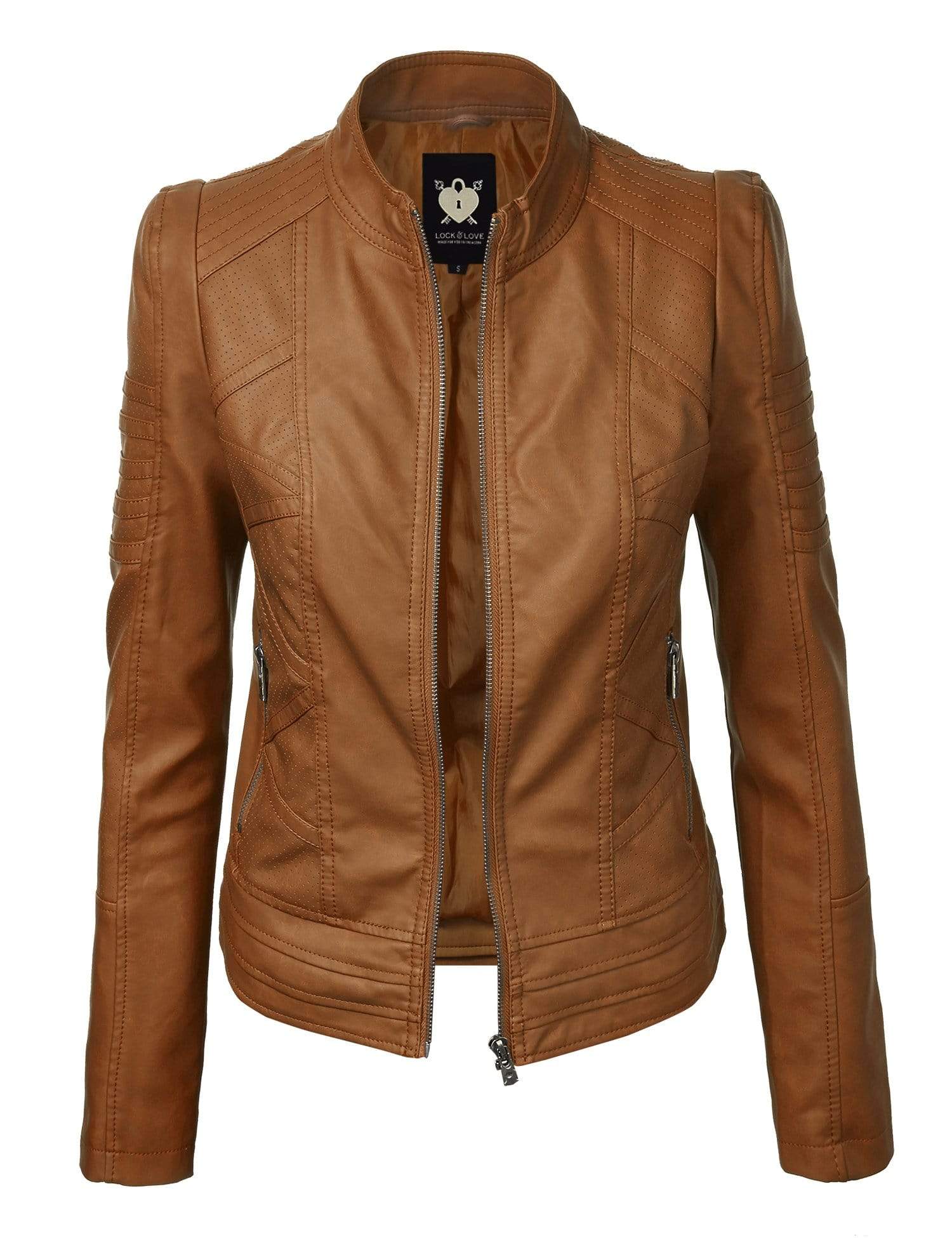 Made By Johnny MBJ Womens Faux Leather Zip Up Moto Biker Jacket with Stitching Detail Daily Haute