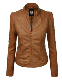 Made By Johnny MBJ Womens Faux Leather Zip Up Moto Biker Jacket with Stitching Detail Daily Haute