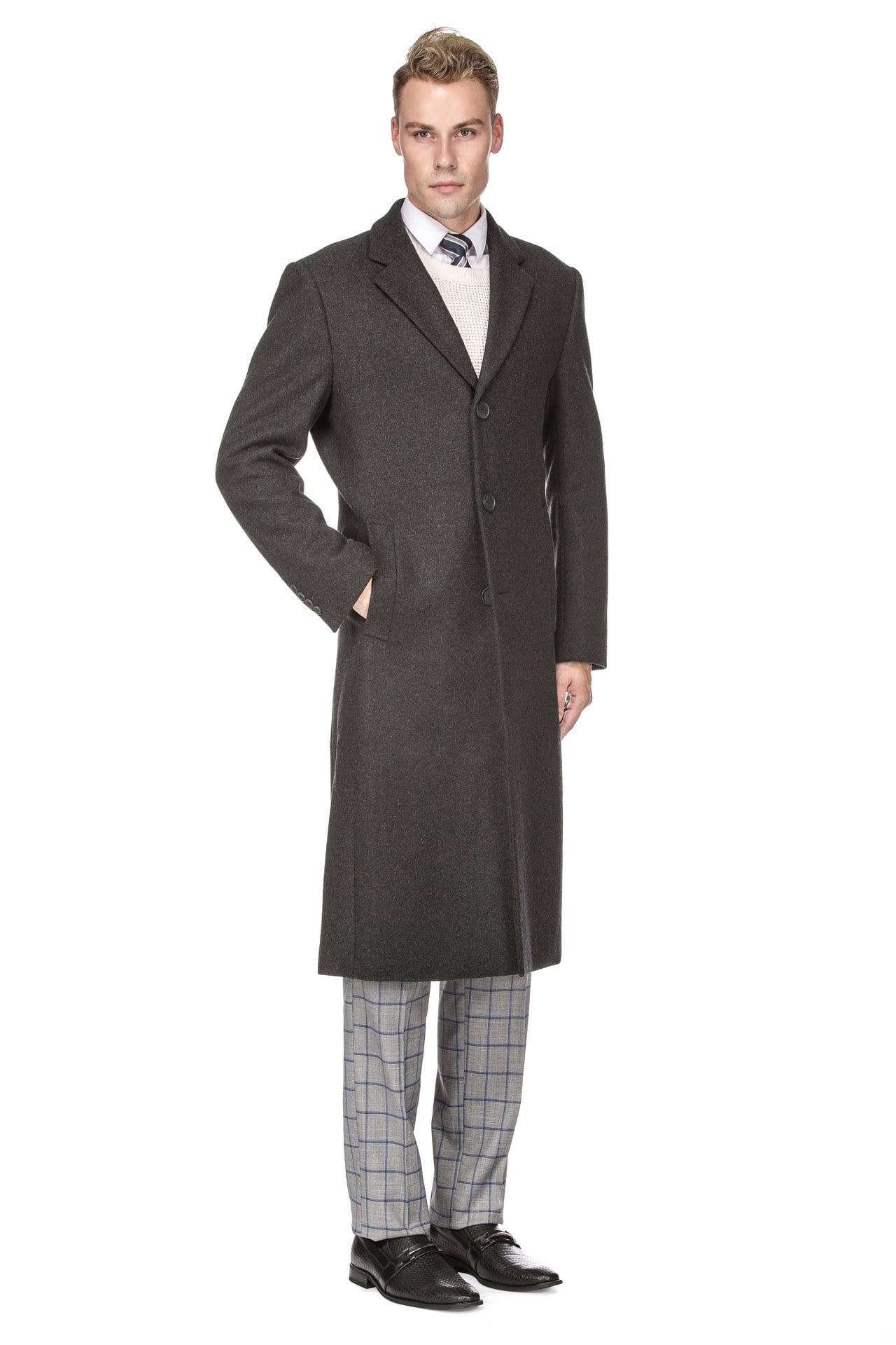 Men's Knee Length Wool Blend Three Button Long Jacket Overcoat Top Coa