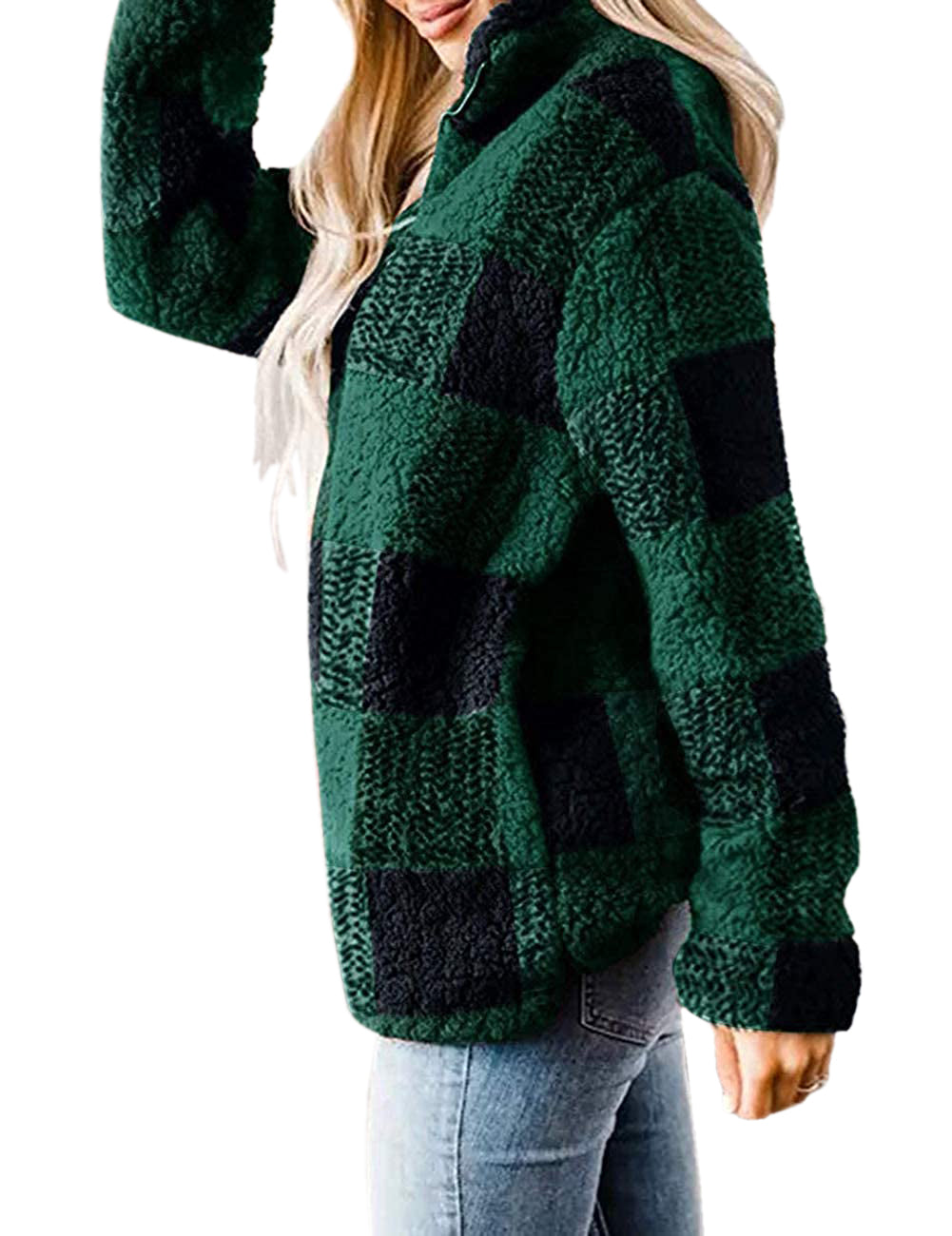 Haute Edition Women's 1/4 Zip Buffalo Plaid Sherpa Sweatshirt