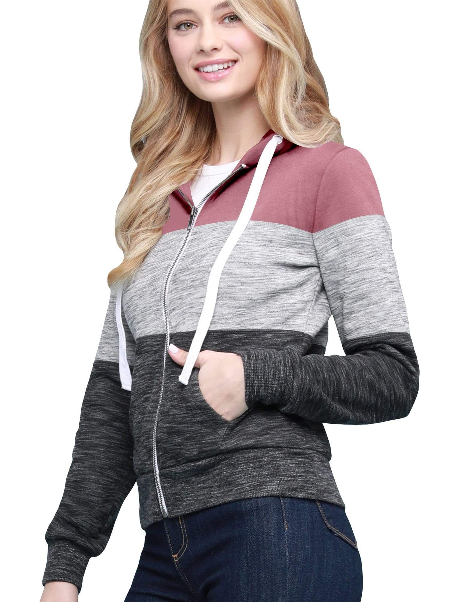 Women's Active Casual Zip-up Color Block Hoodie Sweatshirt