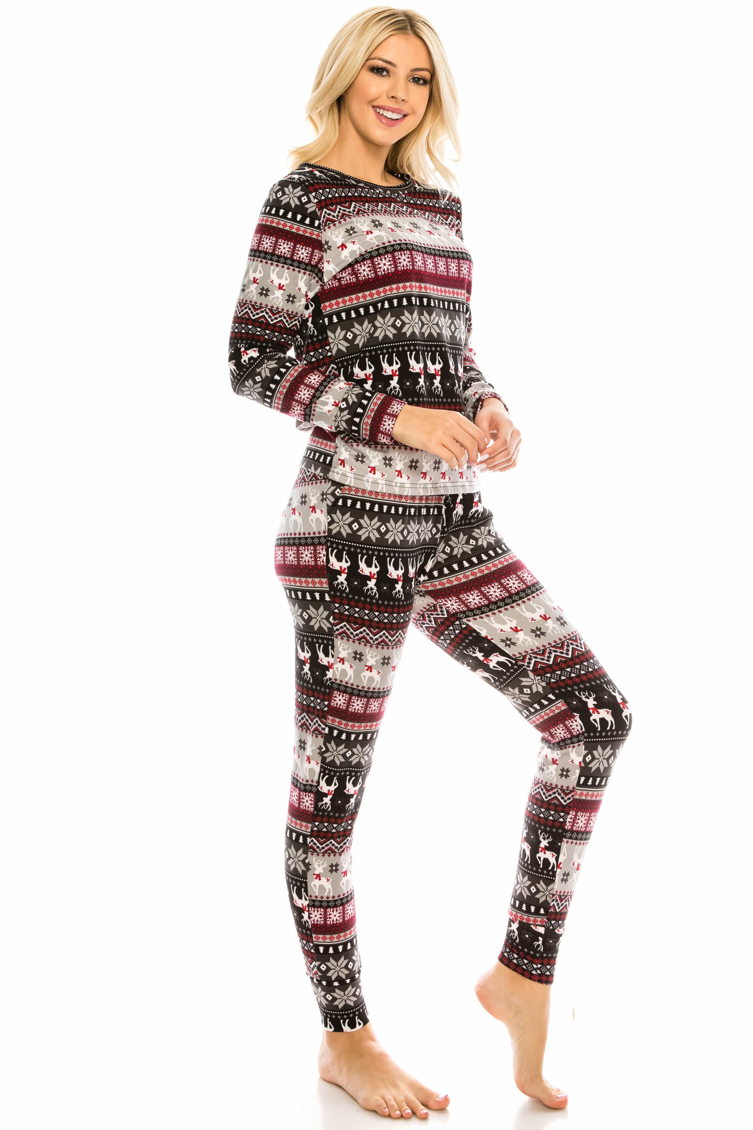 DBFL Womens Pajama Holiday 2 Piece Set Fleece Lined Christmas Top and  Bottom Set レディース