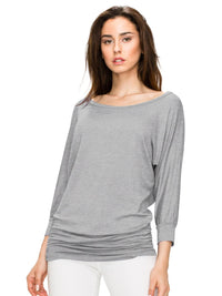 Women's Crew Neck 3/4 Sleeve Drape Dolman Top with Side Shirring Daily Haute