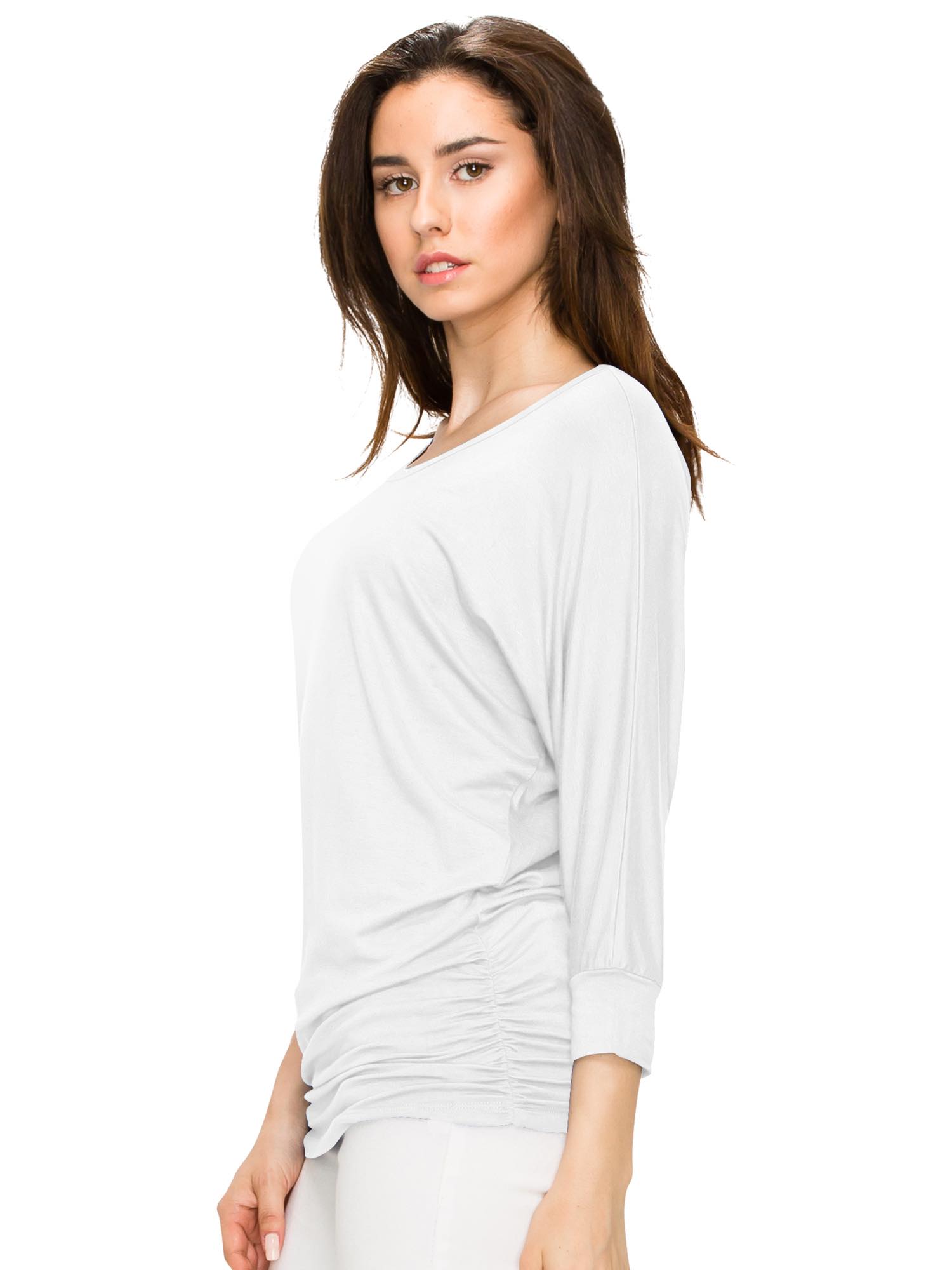 Women's Crew Neck 3/4 Sleeve Drape Dolman Top with Side Shirring Daily Haute