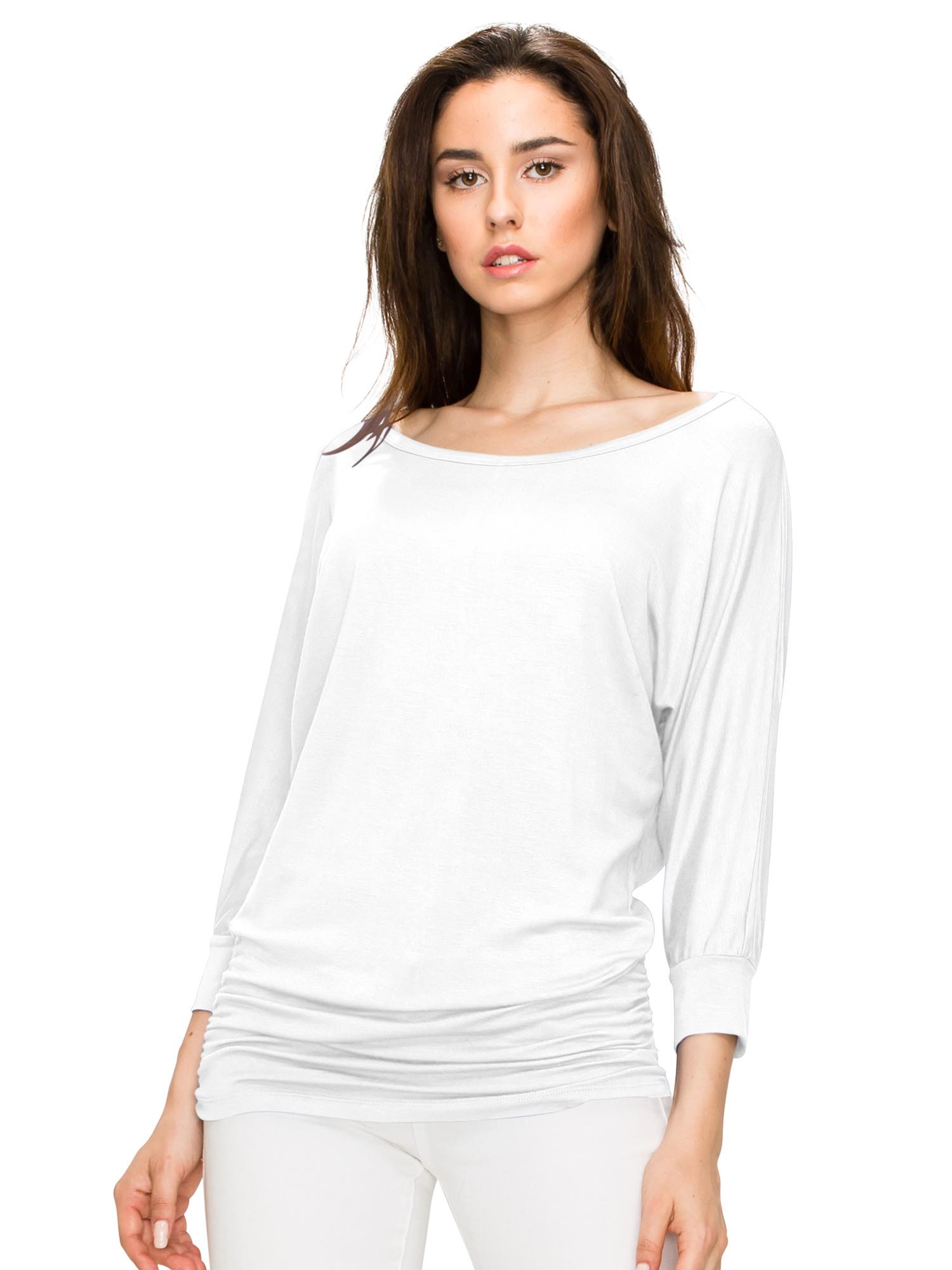 Women's Crew Neck 3/4 Sleeve Drape Dolman Top with Side Shirring Daily Haute