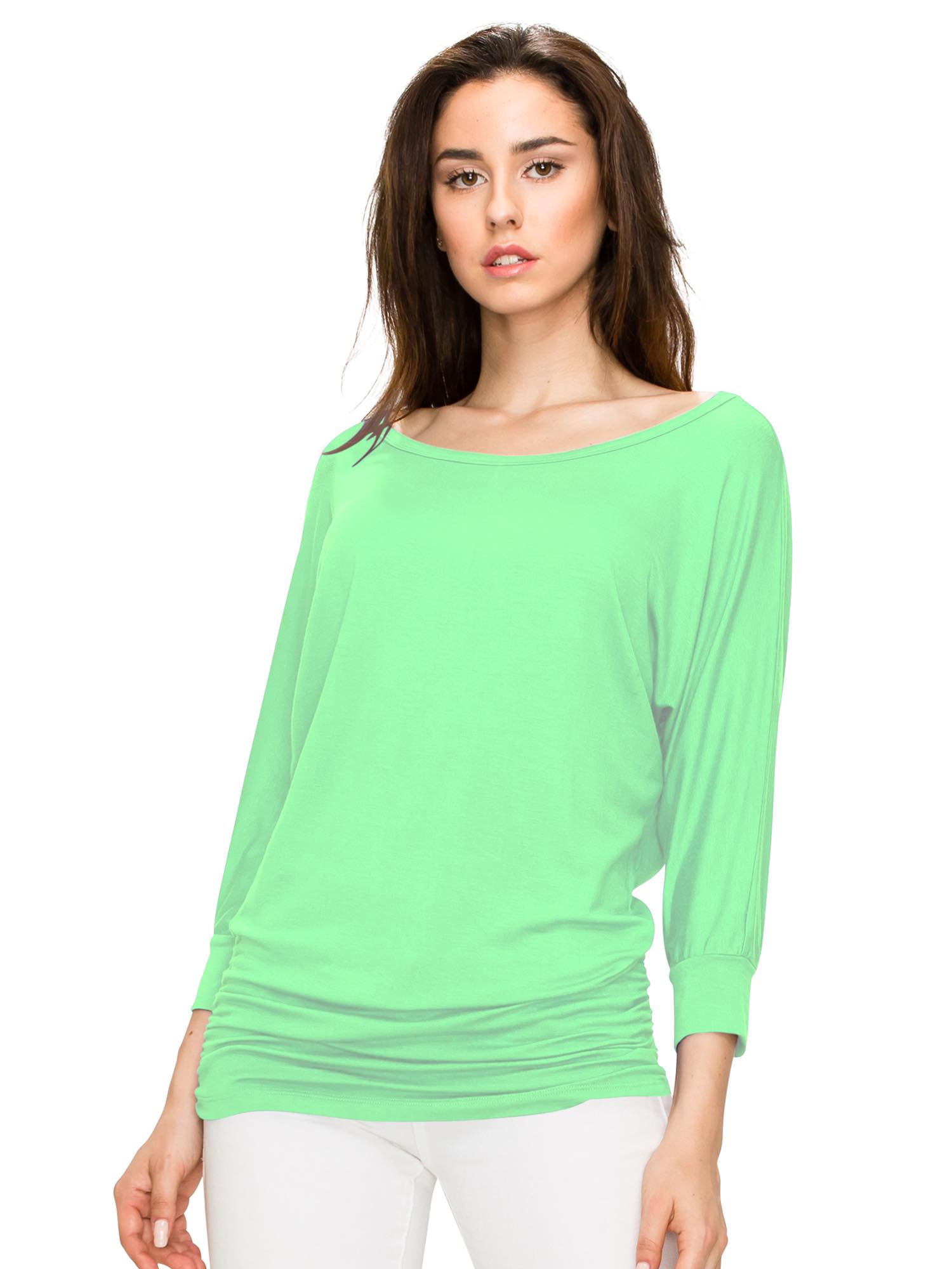 Women's Crew Neck 3/4 Sleeve Drape Dolman Top with Side Shirring Daily Haute