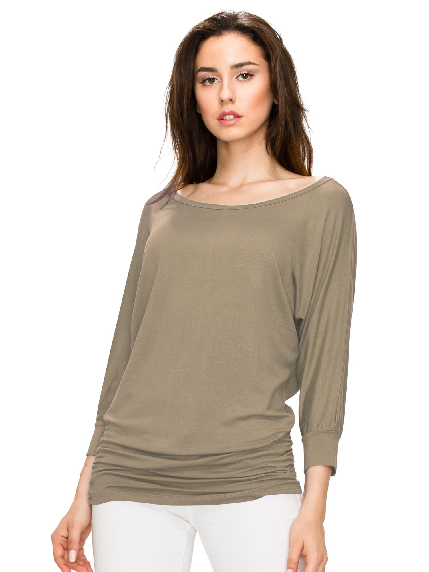 Women's Crew Neck 3/4 Sleeve Drape Dolman Top with Side Shirring Daily Haute