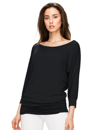 Women's Crew Neck 3/4 Sleeve Drape Dolman Top with Side Shirring Daily Haute