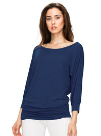 Women's Crew Neck 3/4 Sleeve Drape Dolman Top with Side Shirring Daily Haute