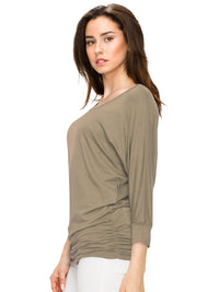 Women's Crew Neck 3/4 Sleeve Drape Dolman Top with Side Shirring Daily Haute