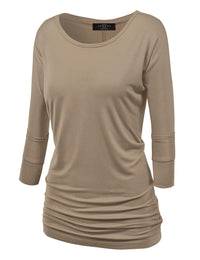 Women's Crew Neck 3/4 Sleeve Drape Dolman Top with Side Shirring Daily Haute