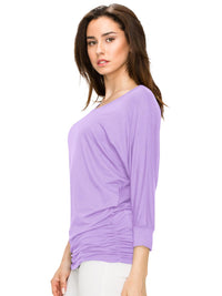 Women's Crew Neck 3/4 Sleeve Drape Dolman Top with Side Shirring Daily Haute