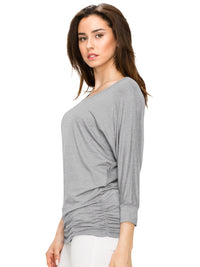 Women's Crew Neck 3/4 Sleeve Drape Dolman Top with Side Shirring Daily Haute