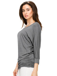 Women's Crew Neck 3/4 Sleeve Drape Dolman Top with Side Shirring Daily Haute