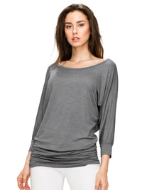 Women's Crew Neck 3/4 Sleeve Drape Dolman Top with Side Shirring Daily Haute