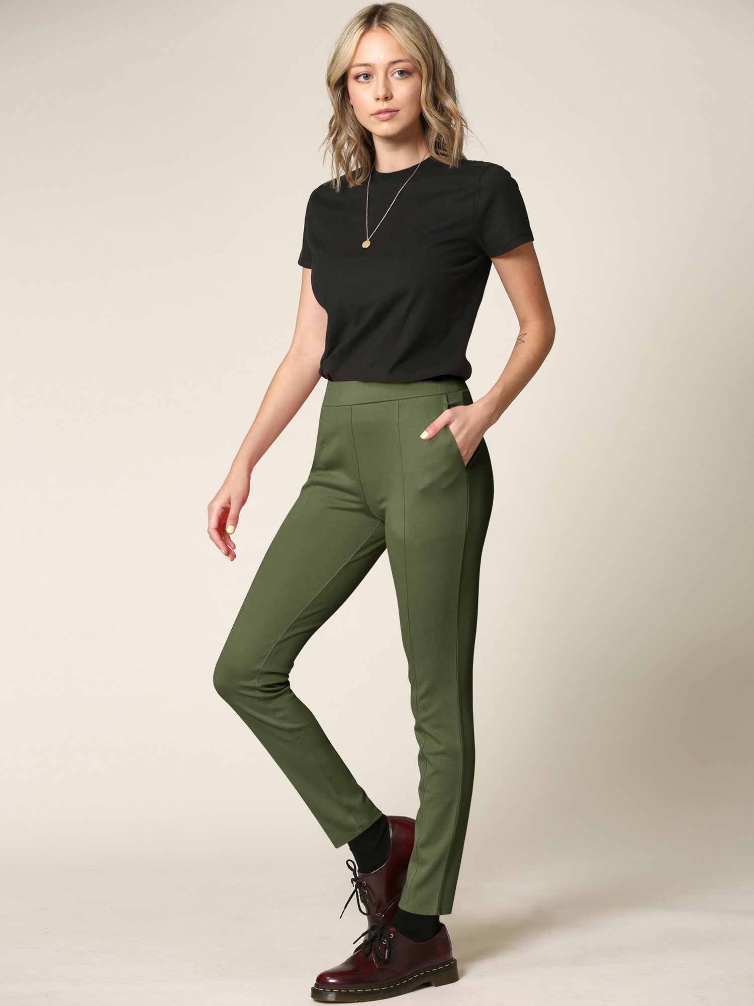 Women's Pull On Legging Ponte Tummy Control Skinny Pant With Pockets Daily Haute